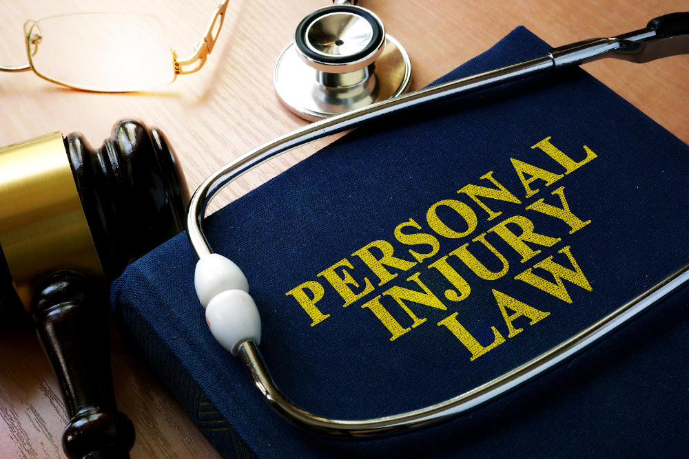 Personal injury law book, stethoscope, and gavel on the desk of someone trying to handle their own personal injury case